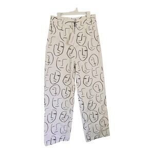 SHEKOU WhiteDenim Jeans "Little Things" Face Print‎ 100% Cotton Women's Sz M NEW